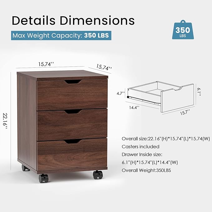 Farini Mobile File Cabinet for Home Office, 3 Drawer Chest Wood, Drawers Unit for Under Desk, Storage Drawers Cabinet Brown