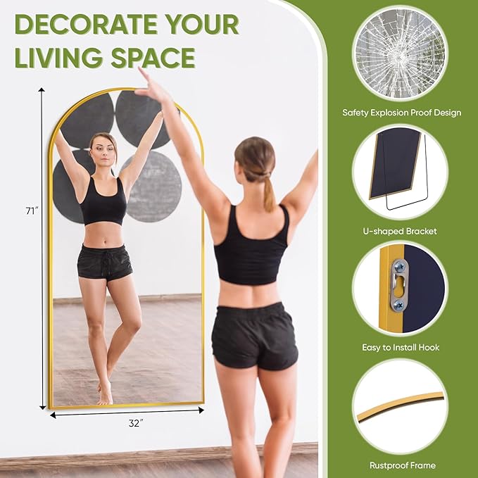 Full-Length Floor Mirror with Stand, 71"x32" Arched Style Full Body Standing Mirror for Bedroom, Living Room, Gym, Dorm - Shatter-Resistant & Easy Assembly, Gold