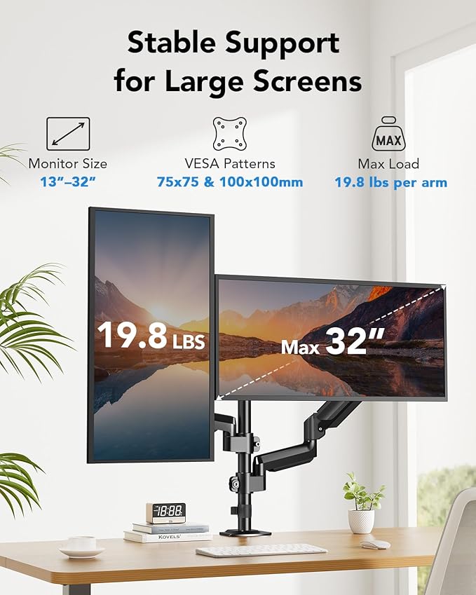 HUANUO Dual Monitor Mount up to 32 inches Screens, Taller Monitor Stand Hold 19.8lbs, Dual Monitor Arm Desk Mount Easy Adjustable with Tilt, Swivel, Rotation, VESA 75/100mm