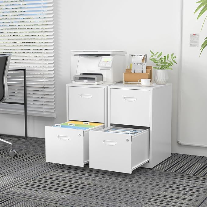 2 Drawer File Cabinet with Lock,White Metal Office Drawers Filing Cabinets for Home Office, Two Drawer Under Desk File Cabinet for Hanging Letter,Easy Assemble