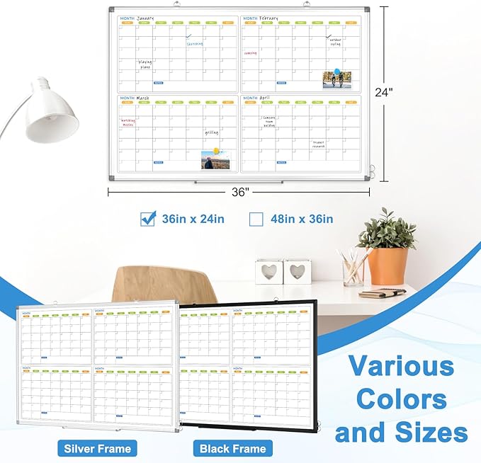 Dry Erase Calendar for Wall 4 Month, WALGLASS 36" x 24" Large Double-Sided White Board Calendar, Dry Erase Monthly Planner Board, Silver Aluminum Frame Hanging Wall Mounted for Office Home School