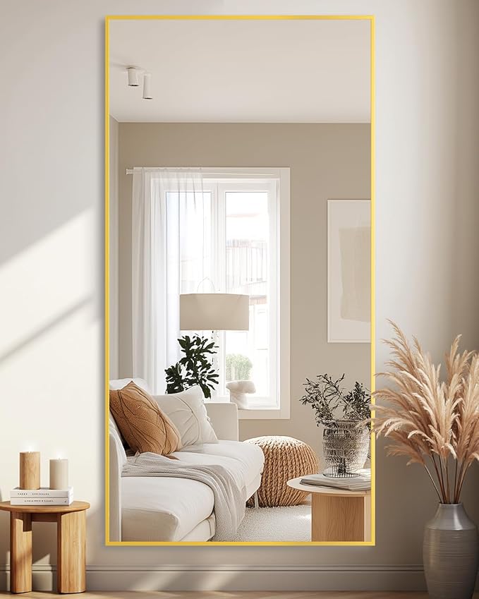 Full-Length Floor Mirror with Stand, 71"x32" Rectangle Style Full Body Standing Mirror for Bedroom, Living Room, Gym, Dorm - Shatter-Resistant & Easy Assembly, Gold