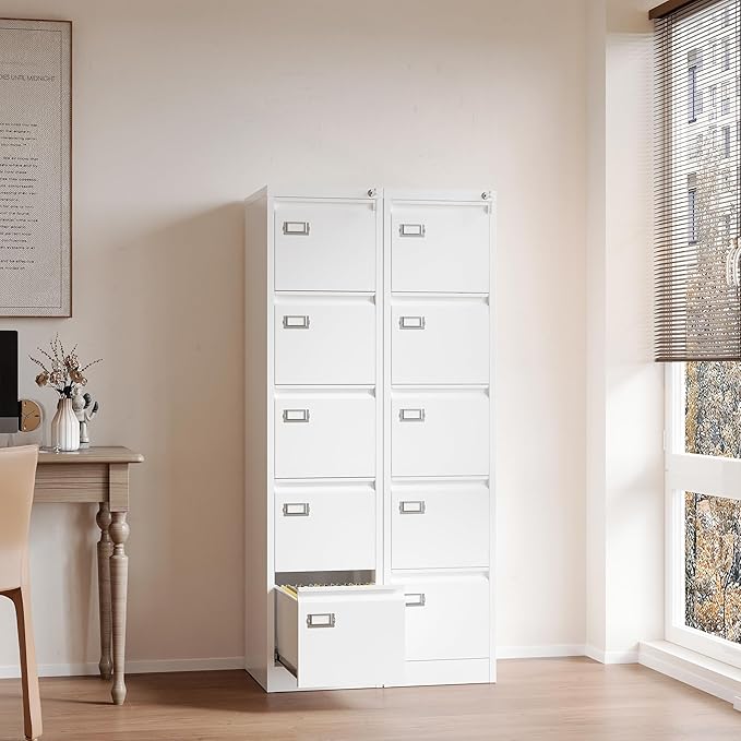 File Cabinets - 5 Drawers Vertical 17.8" Deep Lockable Filing Cabinet - White Metal Storage Cabinets for Home Office to Hanging Files Letter/Legal/F4/A4 Size
