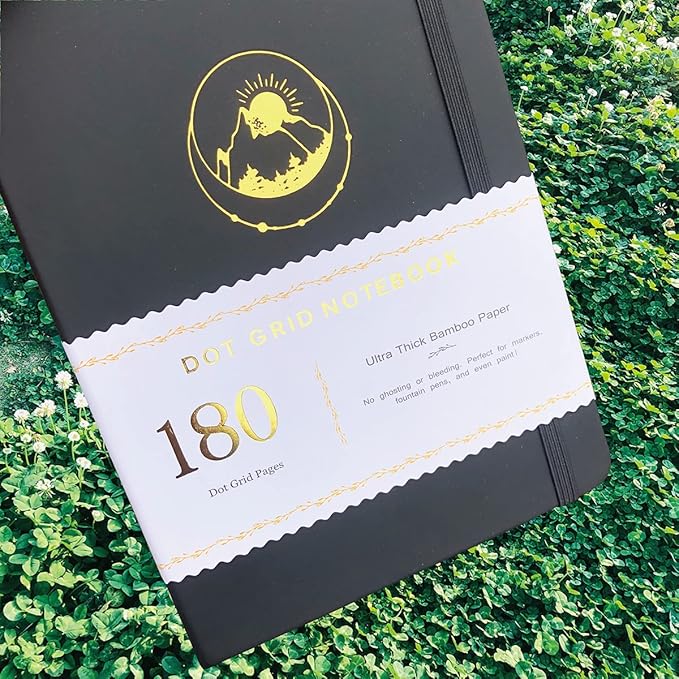 Dotted Notebook Journal 180GSM Bamboo Thick White Paper 160 Pages 5 * 5MM Dot Grid, Lay Flat Binding,Colored Silver Edges, Bookmarks and Expandable Back Pocket (BKP-2)