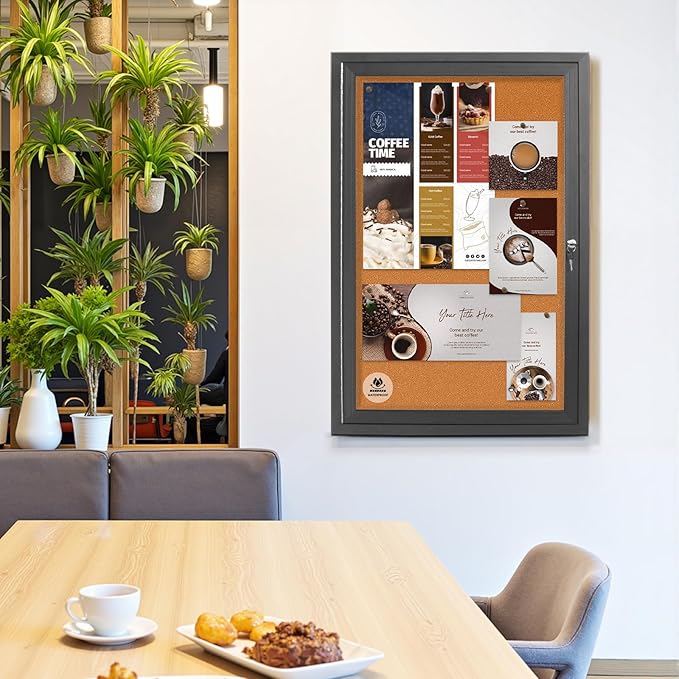 36x24 Inch Outdoor Enclosed Bulletin Board with Locking Door - Weatherproof & Tamperproof Cork Notice Board - Black Aluminum Frame