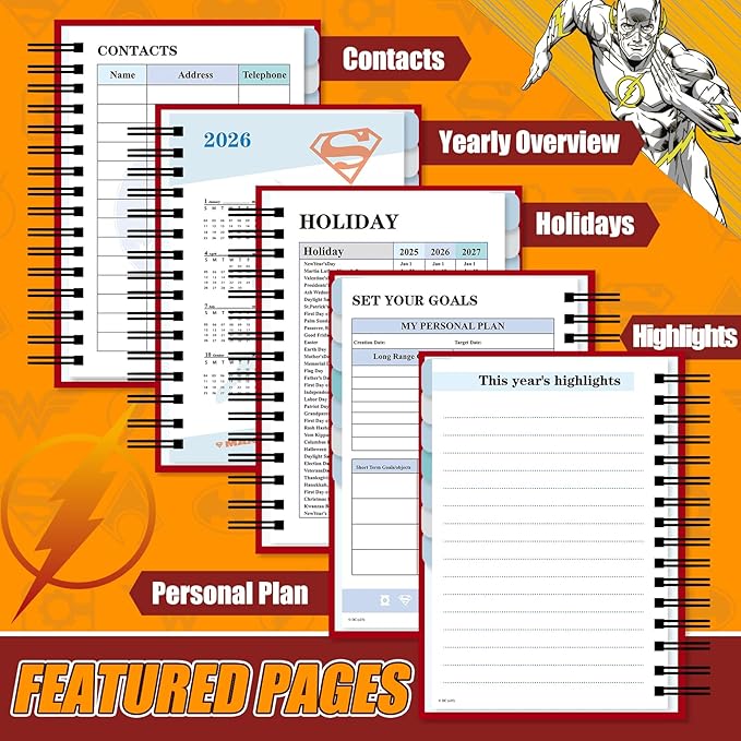 Cool Hero Academic Planner, Weekly Monthly Daily Agenda, Custom Date Organizer for Junior，Senior Students, Spiral Bound Notebook with Colorful Tabs,Datebooks for Time Management (Red and Yellow)