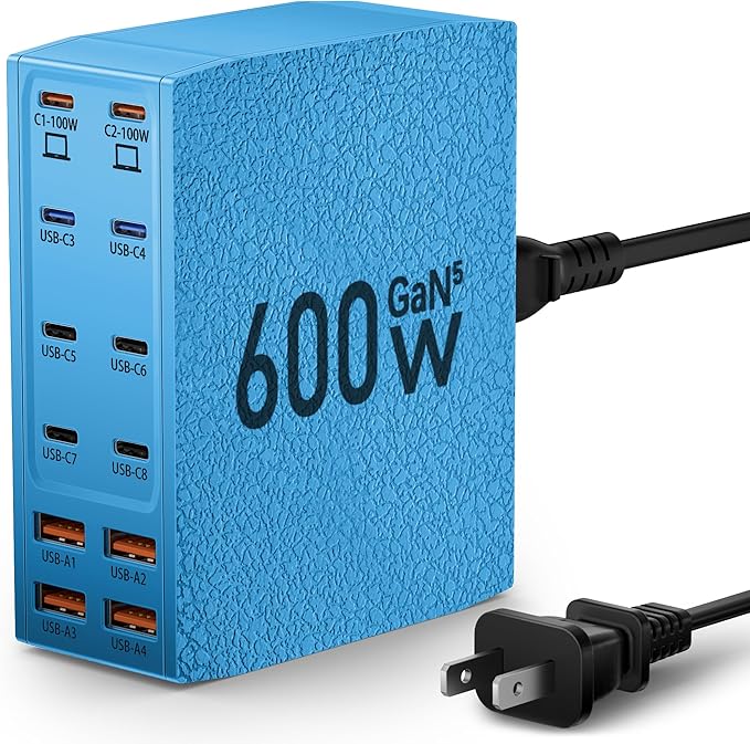 Charging Station (600W),12-Port USB C Charger Block with Dual 100W PD USB-C Fast Charging Station Hub for MacBook Pro/Air/All iPad iPhone 17/16 15/14/13/Pro Max/Samsung Galaxy Note(Blue)