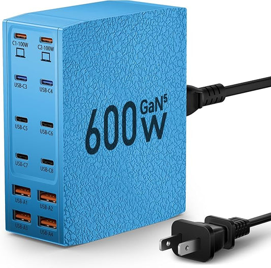 Charging Station (600W),12-Port USB C Charger Block with Dual 100W PD USB-C Fast Charging Station Hub for MacBook Pro/Air/All iPad iPhone 17/16 15/14/13/Pro Max/Samsung Galaxy Note(Blue)