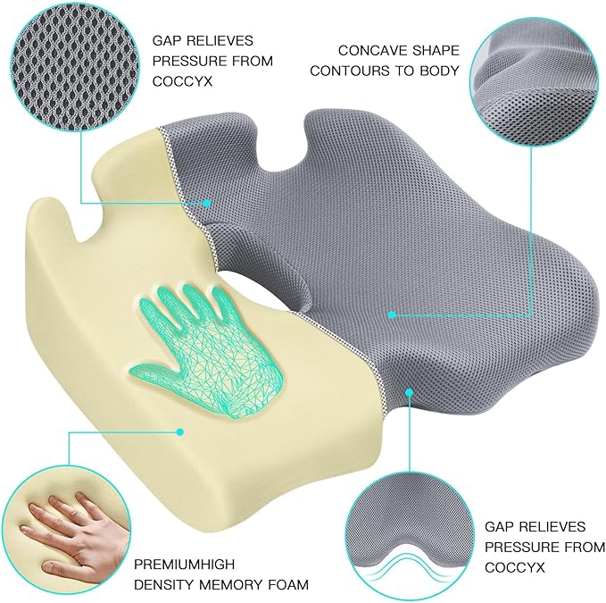 Benazcap Memory Seat Cushion for Office Chair Sciatica & Back Pain Relief Memory Foam Firm Coccyx Pad for Car, Wheelchair, Gaming Chair and Desk Chair, Gray