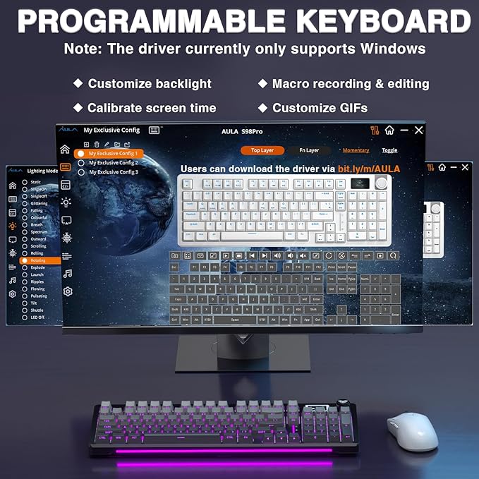 AULA S98 Pro Wireless Mechanical Keyboard with Screen & Knob,2.4GHz/USB-C/BT5.0 Hot Swappable Creamy Keyboard,Pre-lubed Linear Switches,Side Printed PBT Keycaps,RGB Backlit Gaming Keyboards