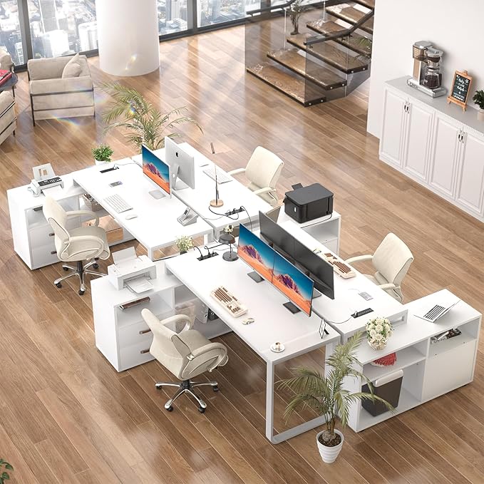 Homieasy L Shaped Desk with File Cabinet & Power Outlet, Reversible 55 Inch Large Corner Computer Desks with LED Strip, L-Shaped Desk with Drawers and Storage Shelves for Home Office, White