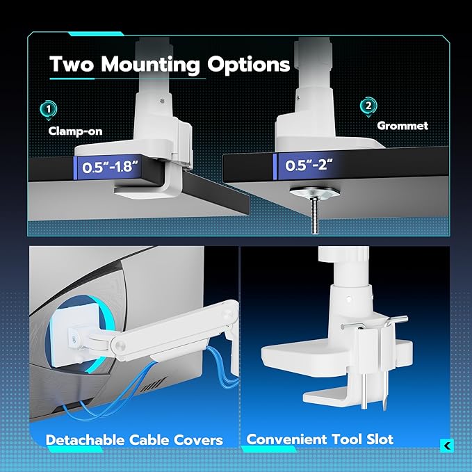 ARES WING Heavy-Duty Monitor Mount for 17-49 inches Ultrawide Curved Flat Monitors, Holds 44lbs, with Extended Column for Desk, Adjustable Gas Spring, White