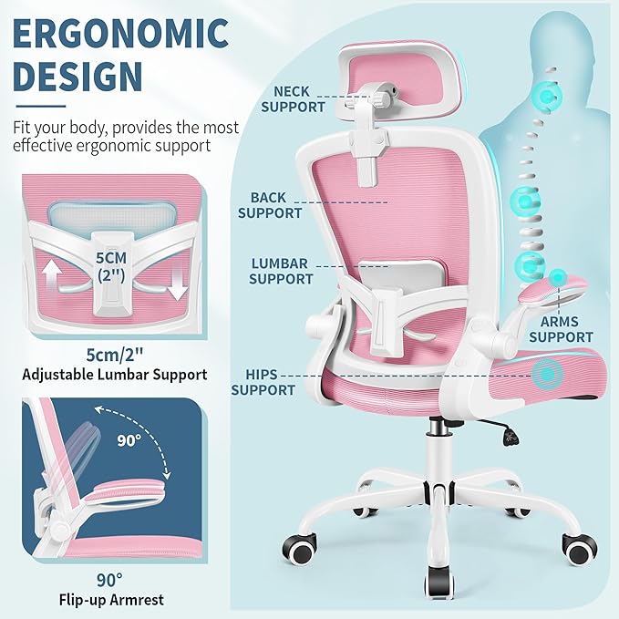 FelixKing Ergonomic Office Chair, Headrest Desk Chair Office Chair with Adjustable Lumbar Support, Home Office Swivel Task Chair with High Back and Armrest, Adjustable Height Gaming Chair(Pink)