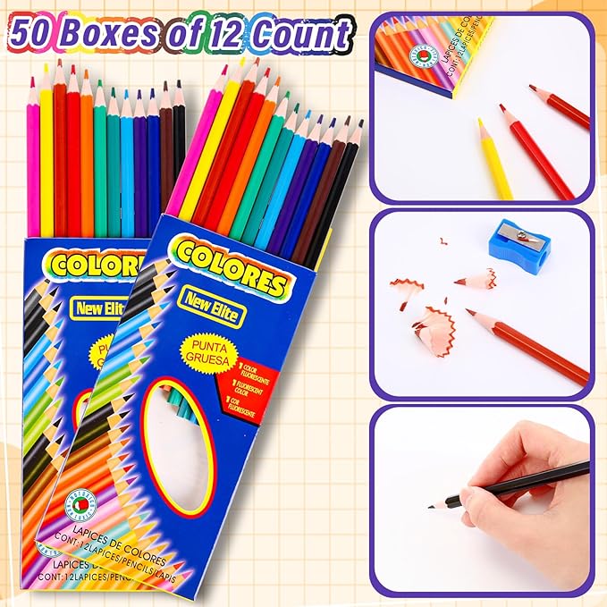 600 Count Colored Pencils Bulk, 12 Assorted Colors, 50 Packs Pre-sharpened Colored Pencils Back to School Supplies Aesthetic Kit for Kindergarten Preschool, with 24 Pcs Sharpeners