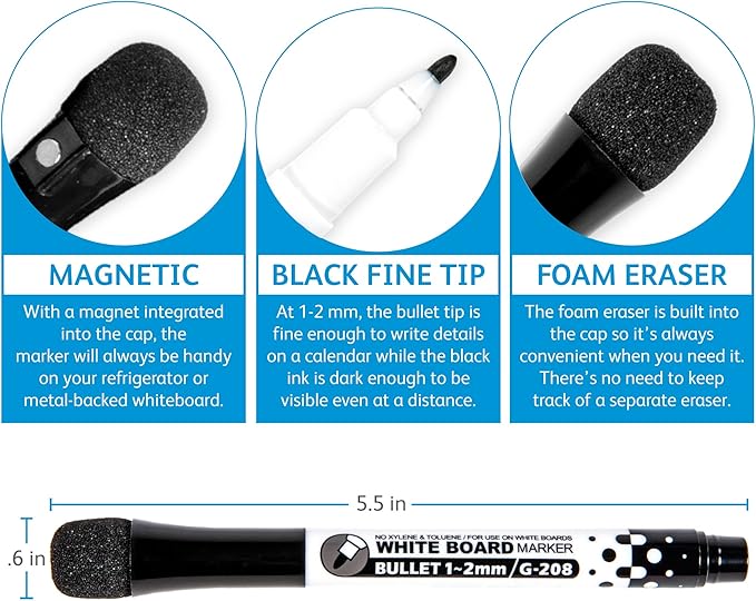 Glassboard Studio Black Fine Tip Dry Erase Markers Bulk 36-Pack with Magnetic Eraser Cap and Low Odor Ink for White Boards at School, Work, or Home