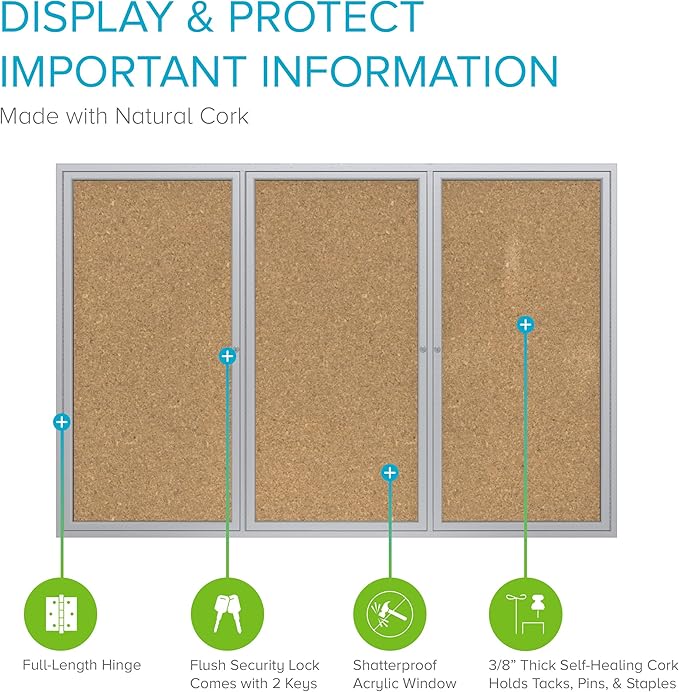 Ghent 36" x 72" 3-Door Indoor Enclosed Bulletin Board with Lock, Cork Material, Shatter Resistant Acrylic Panels, Made in the USA, Satin Aluminum Frame