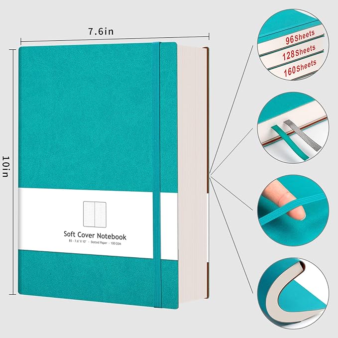 AHGXG Bullet Dotted Journal - 320 Pages Dot Grid Notebook B5 Large Journal, 7.6'' X 10'', 100gsm Thick Dotted Paper, Leather Softcover, with Journal Stencils, Inner Pocket - Cyan