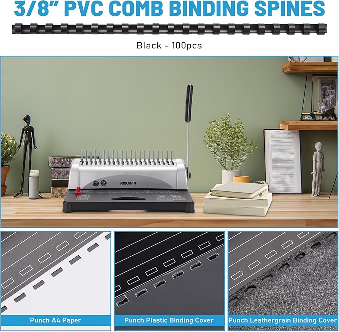 Binding Machine,Book Binder Machine 21-Holes, 450 Sheets,Comb Binding Machine with Starter Kit 100 PCS 3/8'' Comb Binding Spines,Spiral Binding Machine for Letter Size, A4, A5 or Smaller Sizes