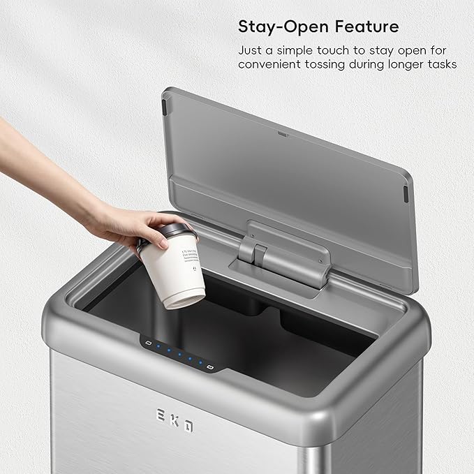 EKO Vintage 50L / 13.2 Gallon Motion Sensor Trash Can, Dual Compartment 32L + 18L Stainless Steel Kitchen Garbage Bin, Touchless Automatic Waste & Recycling Bin with Lid for Home or Office