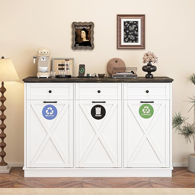 Farmhouse Tilt Out Trash Cabinet, Triple 13 Gallon Wooden Kitchen Trash Can Cabinet with Hideaway Drawer, Freestanding Garbage Recycling Cabinets, Pet Proof, Power Outlets, 59 Inch, White