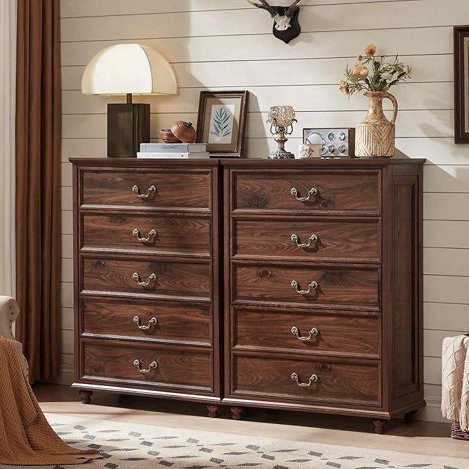 Farmhouse 5 Drawer Dresser Set of 2 for Bedroom, 45" Tall Rustic Chests of Drawers w/ 4 Solid Wood Feet, Mid Century Vintage Wooden Closet Storage Dressers Organizer for Living Room, Brown
