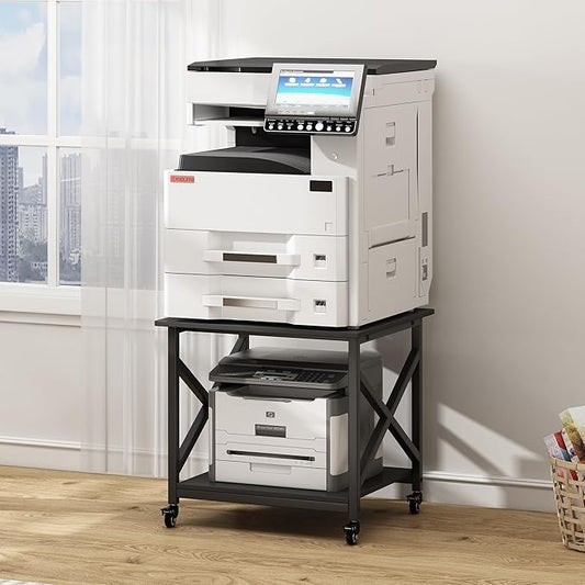 2 Tier Large Printer Stand, 23.6 x 23.6 x 22.6 Inches Square Printer Table with Storage Shelf, Rolling Printer Cart with Industrial Wheels for Home Office, Mini Fridge Stand Table - Black