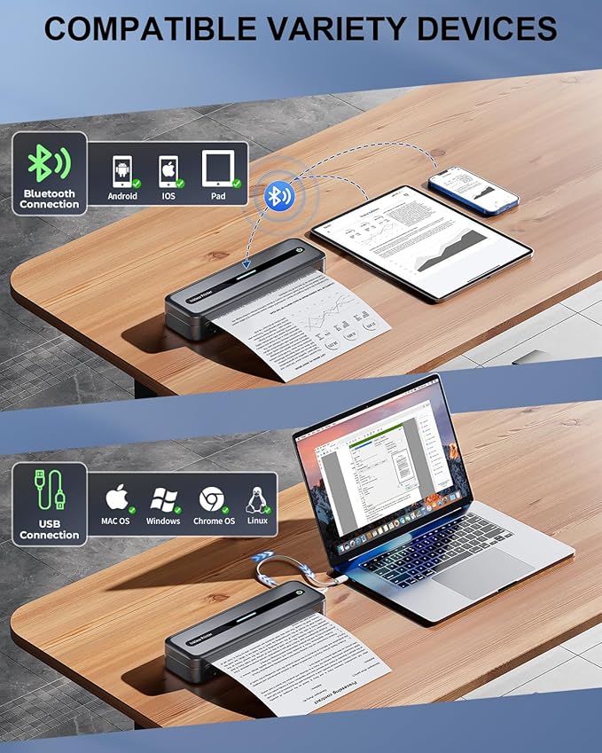 COLORWING Portable Printers Wireless for Travel, 300DPI Mini Compact Inkless Printer, Thermal Bluetooth Printer Compatible with Android and iOS Smartphone & Tablet & Laptop - Gray