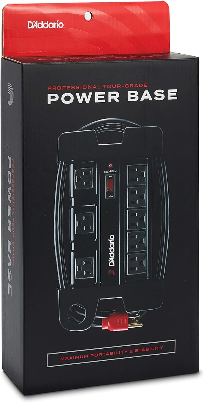 D'Addario Accessories Tour-Grade Power Base - Base Protector - Stage Power Strip with 6 ft Cable - 5 Standard and 3 Transformer- Guitar Amp Outlet - Music Surge Protector with Indicator Light