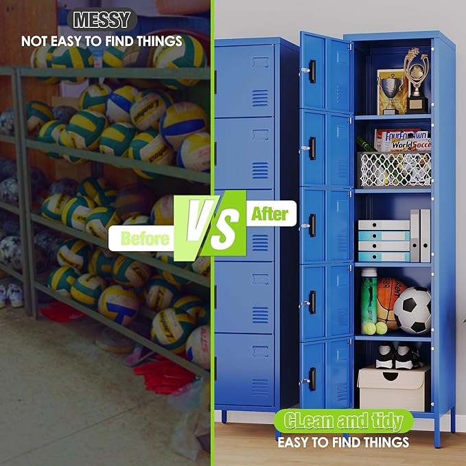 Aobabo 16" W 5 Door Metal Storage Locker with Lock, 66" H Steel Locker with Name Card Holder and Metal Leg for School, Home, Office, Playroom, Assembly Required, Blue