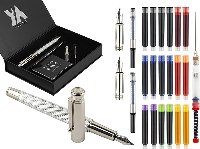 Fancy Fountain Pen Set – Fine & Medium Nibs, Includes 18 Ink Cartridges, Ink Converter, Syringe Filler, Luxury Gift for Writing, Journaling & Calligraphy，Silvery