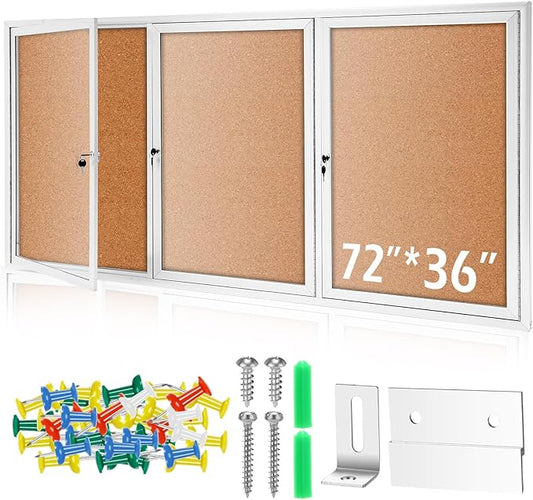 72" x 36" Enclosed Bulletin Board Outdoor 3 Door Weatherproof Tamper-Proof Enclosed Cork Board with Lock Aluminum Frame Display Case for Back to School, Office Commercial, 18xA4(Wood Color)