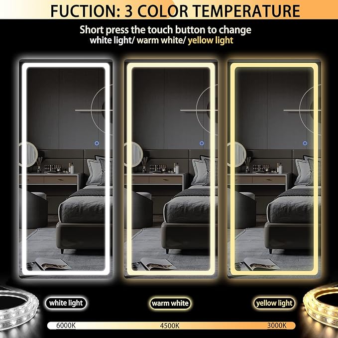 Hasipu Full Length Mirror with Lights, 61" x 22" LED Floor Mirror, Full Body Dressing Standing, Hanging Mounted Mirror for Living Room Bedroom Cloakroom, Round Black