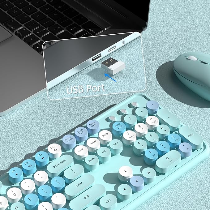 Colorful Wireless Keyboard and Mouse Combo, COVEVA 2.4GHz Wireless Retro Cute Round Keycaps Keyboard, 104 Keys Full-Sized Keyboard Mouse Set with Switch Button for PC Laptop Desktop (Blue Colorful)