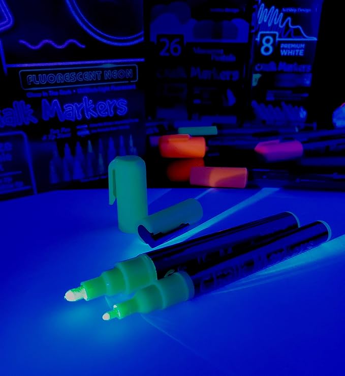 16 UV Fluorescent Neon Chalk Markers - Double Pack of Both Fine & Reversible Medium Tip Liquid Chalk Pens Wet Erasable Menu Boards, Glass, Whiteboards, Mirrors, Non-Porous Chalkboards, Plastic, Metal