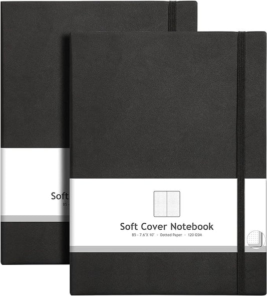 AHGXG Bullet Dotted Journal 2 Pack - B5 Large Journal Dot Grid Notebook (7.6'' X 10'') with Thick 120gsm Dot Paper, Soft Leather Cover, Total 384 Pages, Inner Pocket - Black