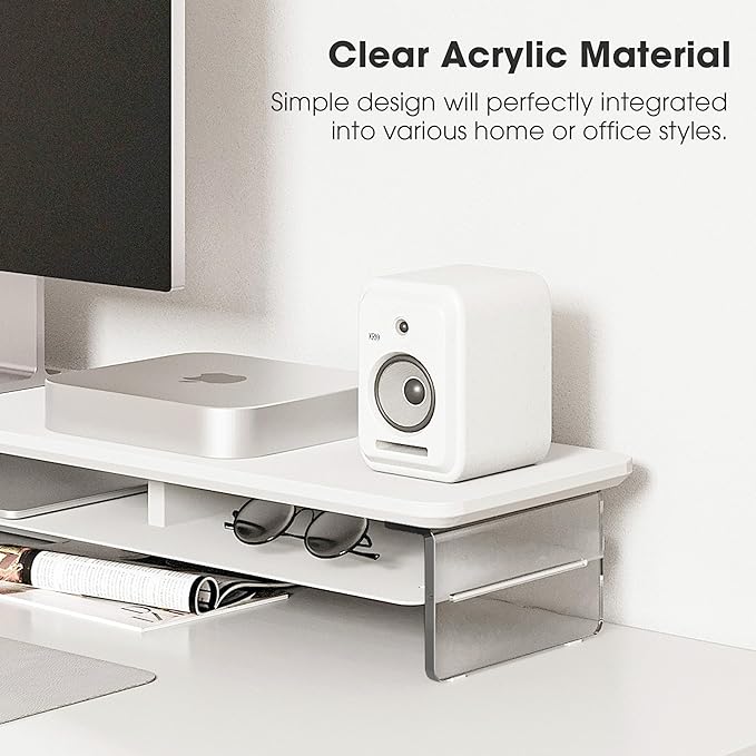 Fenge Acrylic Monitor Stand Riser, 42.5 Inches Dual Monitor Stand with Metal Storage, 2 Tier Acrylic Computer Riser for Desk, Clear Laptop Stand for PC, Laptop, Printer, TV, White