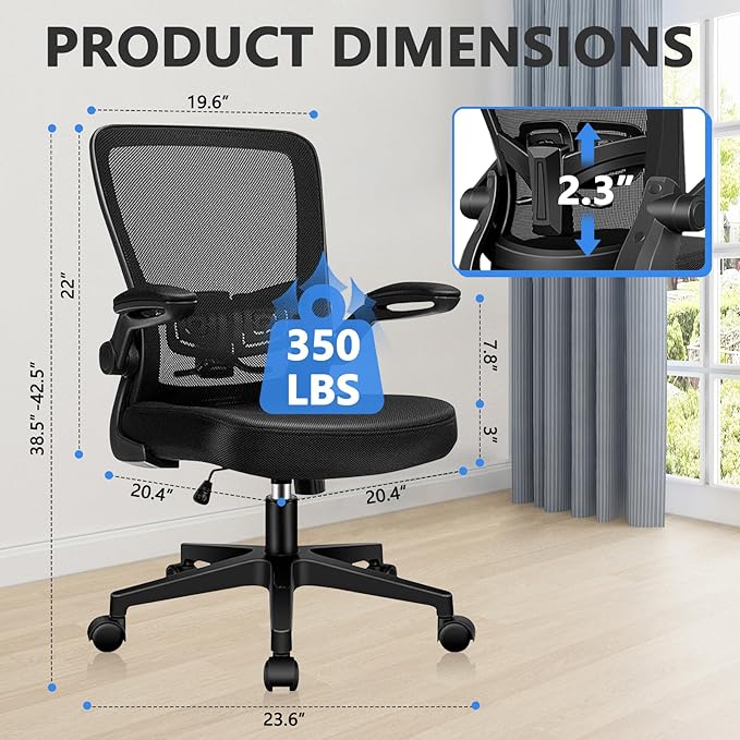 Desk Chairs with Wheels, Ergonomic Mesh Office Chair Adjustable Height and Swivel Lumbar Support Home Office Chair with Flip Up Armrests (1PK)