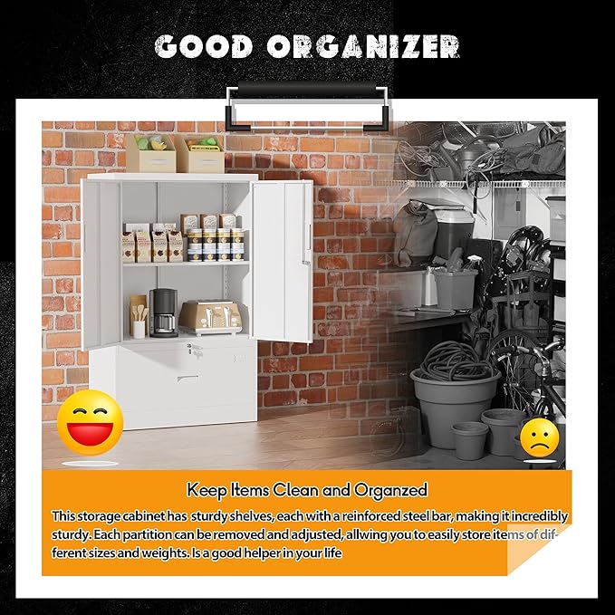 Greenvelly Metal Storage Cabinet,White Steel Lockable Lateral File Cabinet with Doors and Shelves for Home Office Hanging Files Letter/Legal/F4/A4 Size