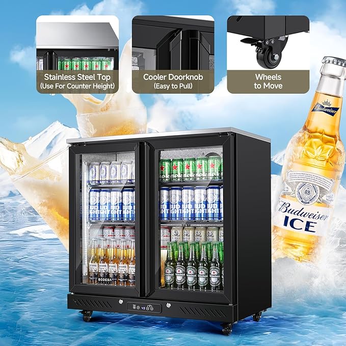 BODEGACOOLER Back Bar Cooler with 2 Glass Doors,7.7Cu.ft Commercial Bar Beverage Refrigerator Under Counter LED Lighting for Soda Drinks,Beer,Wine with Stainless Steel Top,DOE Approved,4 Casters