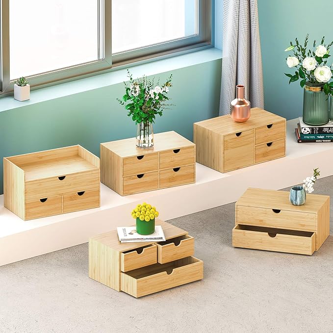 Desk Organizer with Drawers - Bamboo Desktop Organizers Storage | Wood Makeup Organizer for Bills, Office Supplies, Cosmetics, Seals, Kitchen Utensils, No Assembly Required