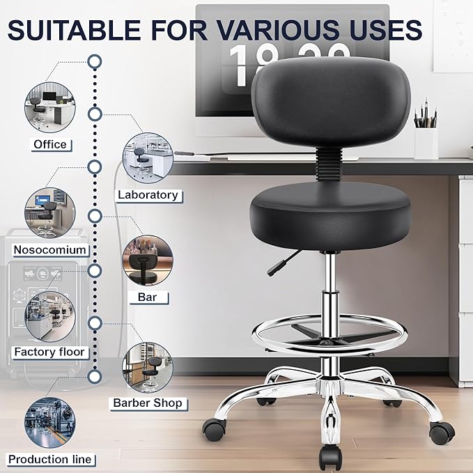 Drafting Chair with Backrest – Adjustable Foot Rest Rolling Stool with Wheels, PU Leather Swivel Stool for Office Spa Studio Lab Counter Salon Home Work Bar Kitchen Shop(Silver)