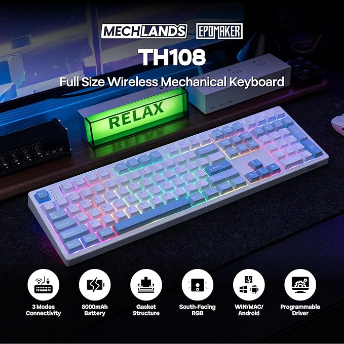 EPOMAKER TH108 Full Size Mechanical Keyboard, Wireless Gaming Keyboard, 8000mAh Battery, Creamy Gasket, 108 Keys, Hot Swap, Custom Driver, RGB Backlights (Blue&White, Creamy Jade Switch)