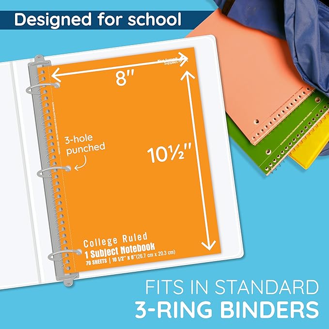 Blue Summit Orange Spiral Notebooks Bulk, One Subject Spiral Notebook College Ruled, Perforated Notebook, 8 x 10.5 for Work and School, Paper, College Ruled, Bulk 48 Pack