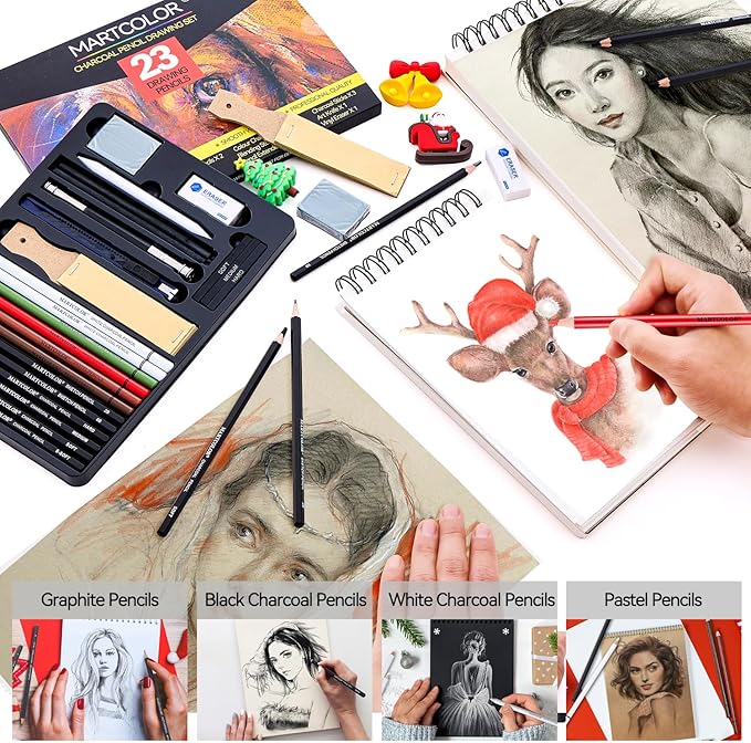 Charcoal Drawing Set, Set of 23, Graphite Pencils, Black & White Charcoal Pencils for Drawing, Sketching, Shading, Blending, Artist Pencils for Beginners & Pro Artists ﻿