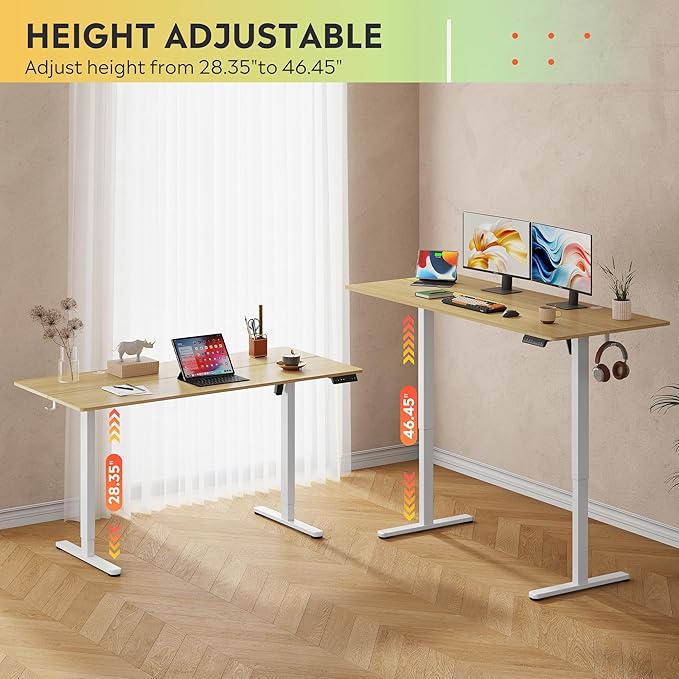 DEVAISE 63 Inch Electric Standing Desk, 3 Adjustable Height Stand up Desk for Home Office, Ergonomic Sit to Stand Desk with LED Touchscreen, Headphone Hook, 3 Memory Preset Computer Desk (Maple)