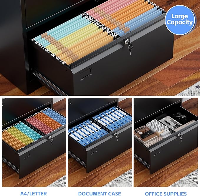 Aobabo 3 Drawer Wide Lateral File Cabinet, Metal Filing Cabinet with Lock, Suitable for Home Office School Hanging Files Letter/Legal/F4/A4 Size,Black,Required-Assembly,15.87" D x 28.94" W x 43.62" H