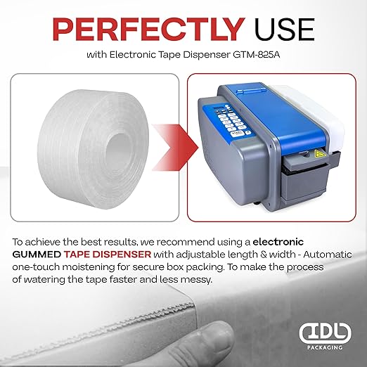 IDL Packaging 2.83" x 450 feet Reinforced Water-Activated Kraft Gummed Tape 30lb Thickness (Pack of 10) - Secure Paper Packing Tape for Secure Carton Sealing - Heavy-Duty for All Conditions, White