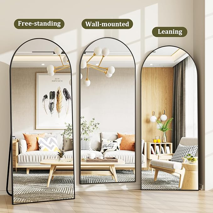 HARRITPURE 65"x24" Arched Full Length Mirror Free Standing & Wall-Mounted Full-Length Mirror with Stand Modern Black Mirror for Living Room Bedroom Cloakroom Aluminum Frame