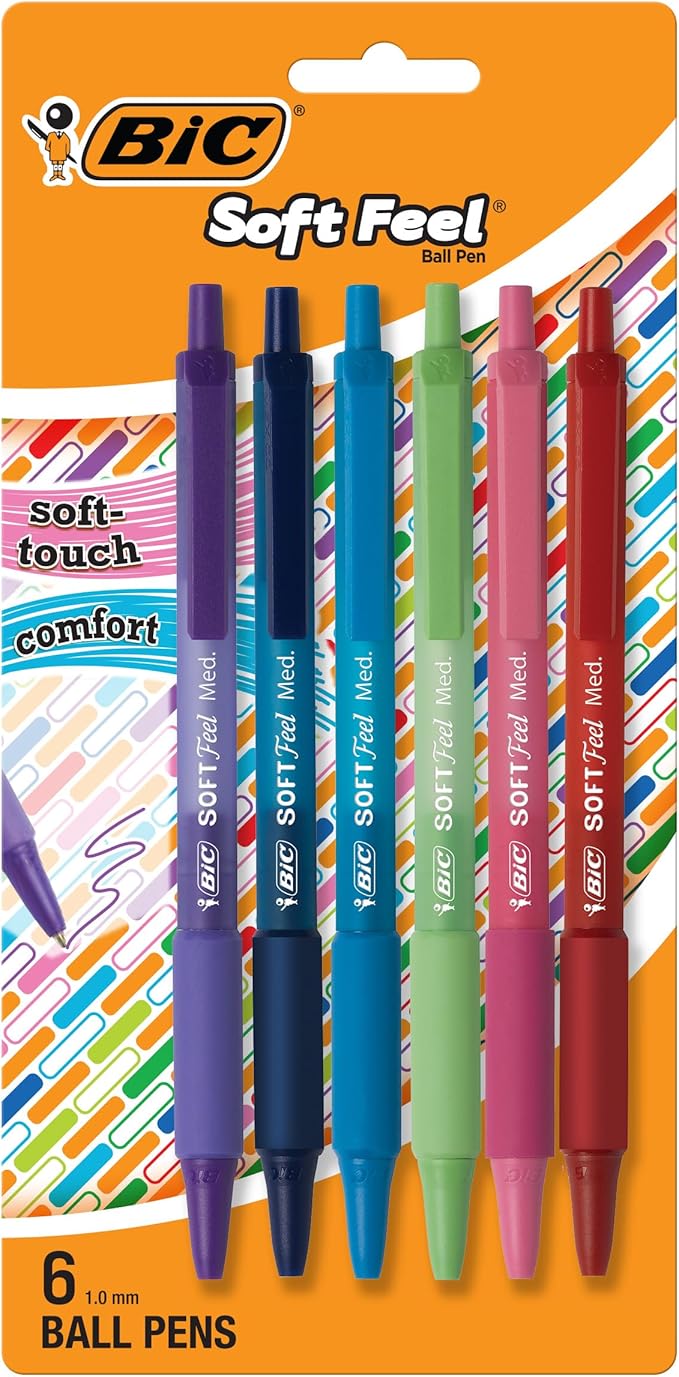 BIC Soft Feel Assorted colors Retractable Ballpoint Pen, 1.0 mm Medium Point with No-Slip Grip, 6-Count Pack in Assorted Ink