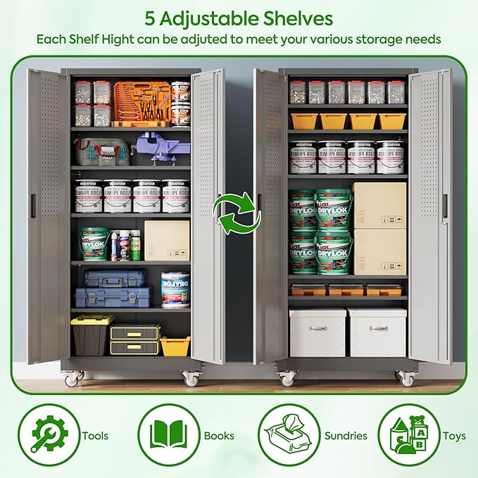 Aobabo Upgraded Garage Storage Cabinets with Wheels,Metal Storage Cabinets with 5 Adjustable Shelves for Garage Home Office Storage, Black&Dark Grey,71''H*32''W*16''D,Assembly Required
